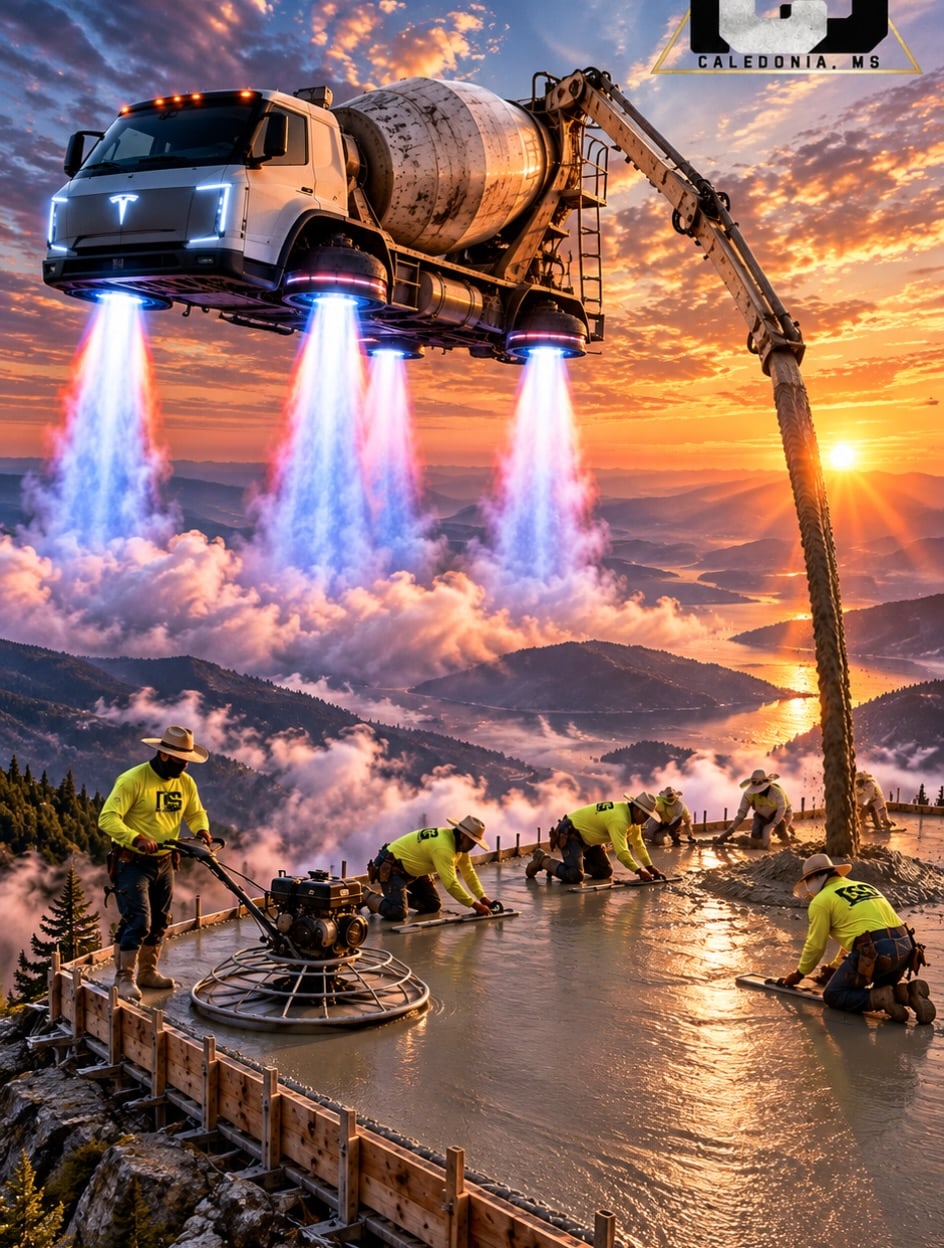 A white concrete mixer truck with Tesla-style badging hovers on four jet flames above a mountain-top slab at sunset while hi-vis workers in cowboy hats finish the wet concrete with floats and a power trowel.