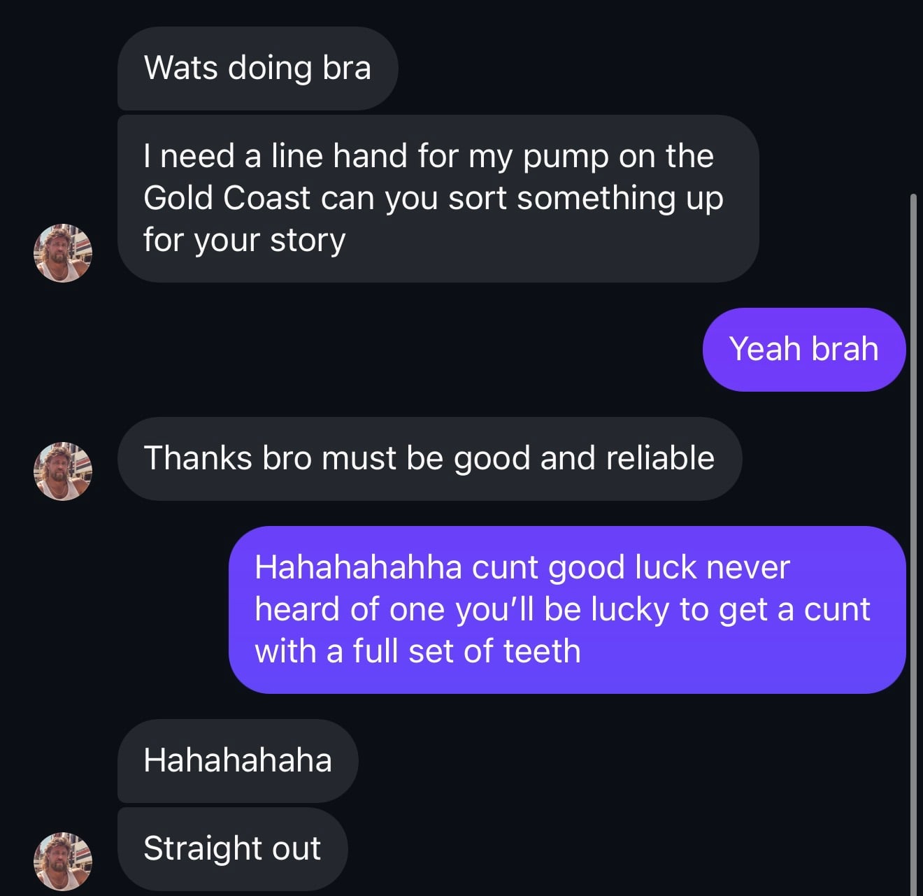 A dark-mode chat screenshot in which a pump owner asks for a linehand on the Gold Coast and PumpLife jokes that finding one with a full set of teeth will be tough.