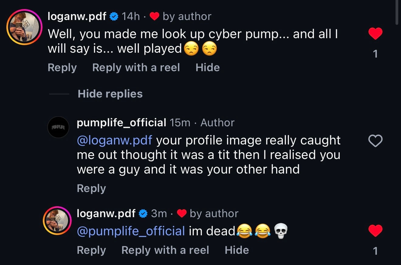 A screenshot of an Instagram comment thread where PumpLife's reply to a user's comment gets back the response 'im dead' with laughing and skull emojis.