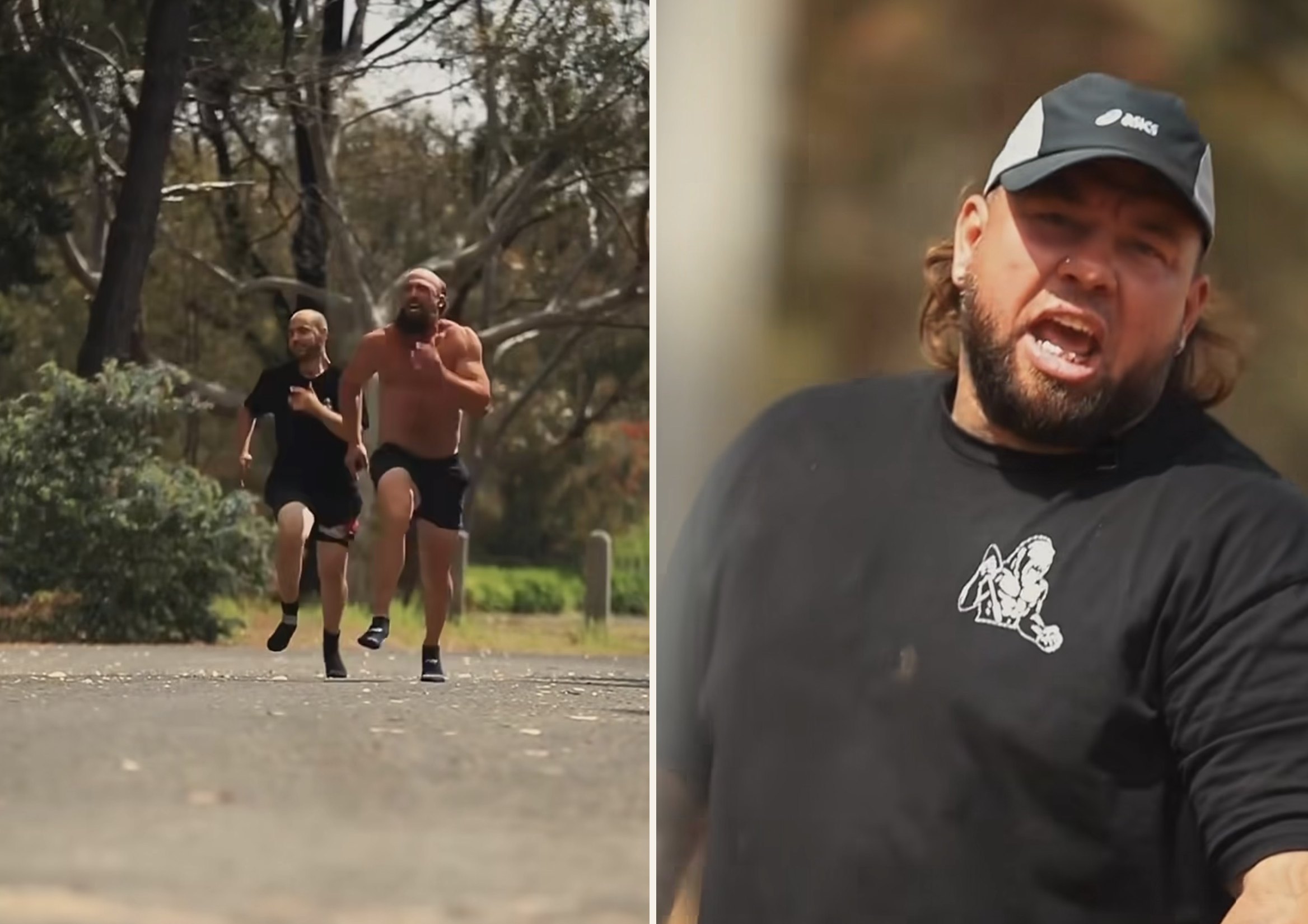 Two-panel collage: a shirtless, bearded Hercules sprinting ahead of the White Flash in a black tee on a bush road, and the Grilla boss in a cap and gorilla-logo shirt yelling.