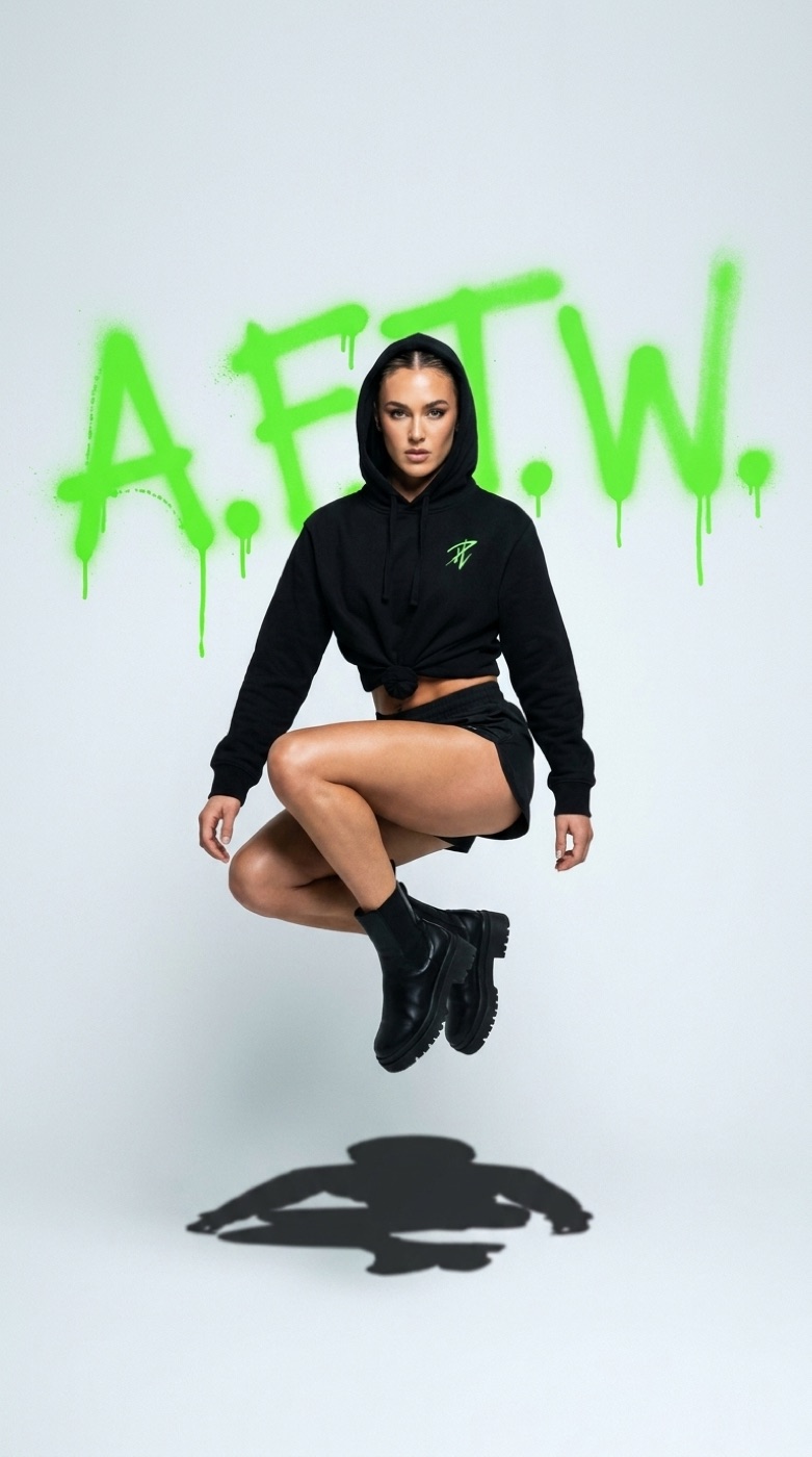 PumpLife model floating mid-air in front of A.F.T.W. spray paint